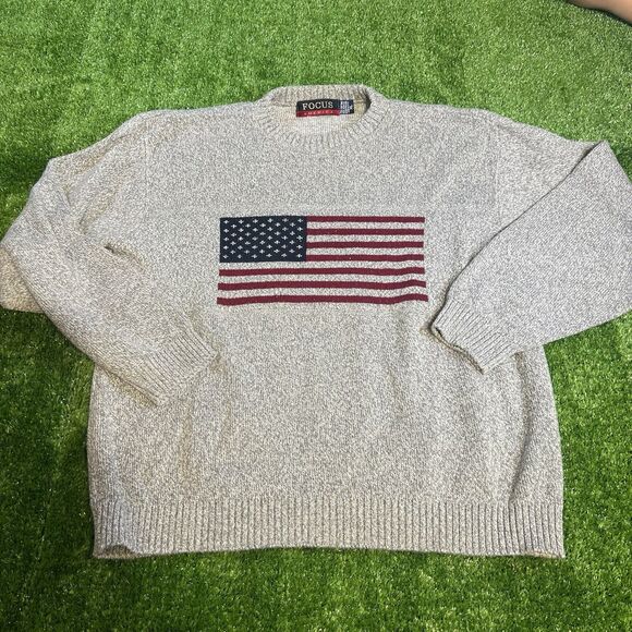 Mens Vintage Y2K American Flag Knitted Pullover Sweater Mens Size XL Gray - Picture 1 of 6